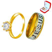 Aliança Anel Jesus Banhada Ouro 18k 6mm + Anel Solitário 2mm Ouro 18k Zircônia Pedra Branca Luxo