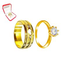 Aliança Banhada Ouro 18k 6mm Coração Vazado + Solitario 2mm Dourada Pedra Zirconia Branca Casamento