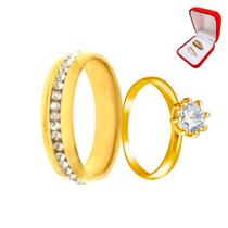 Aliança Banhada Ouro 18k 6mm Pedras Zirconia Brancas + Solitario Dourado 2mm Pedra Zirconia