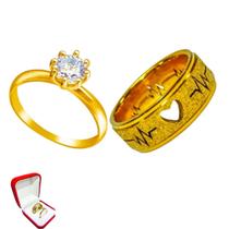 Aliança Banhada Ouro 18k Brilhos Batimentos 6mm + Anel 2mm Solitario Dourado Pedra Branca Tradicion