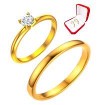 Aliança Casamento Ouro 18k 3mm + Anel Solitario Dourado 2mm Tradicional