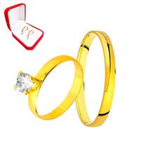 Aliança Casamento Ouro 18k 3mm + Anel Solitário Pedra Branca Casal Luxo Noivos