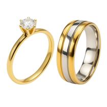 Aliança Casamento Ouro 18k Friso Prata 6mm + Anel solitário 2mm Banhado Ouro 18k Pedra Branca