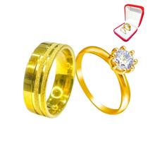 Aliança Compromisso Ouro 18k 6mm Riscos Brilho + Anel Solitário 2mm Banhado Ouro 18k Zircônia Branca Luxo