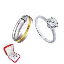 Aliança Compromisso Prata 6mm Friso Ouro Tradicional + Anel Prata 2mm Pedra Zirconia Branca Namoro