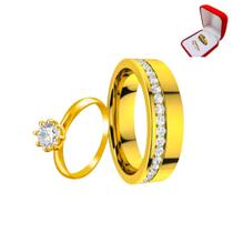 Aliança Cravejado Pedra Zirconia Branca 6mm Dourada + Solitario 2mm Anel Dourado Anatomico
