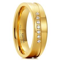 Aliança de casamento King Will 316L em aço inoxidável dourado de 6 mm de zircônia