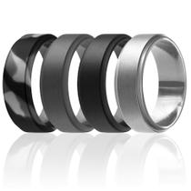 Aliança de casamento ROQ de borracha de silicone para homens, 8 mm, preto, camo, pacote com 4