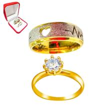 Aliança Dourada 6mm Brilho Batimento Coração Compromisso + Solitario 2mm Pedra Branca Casamento