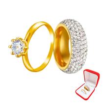 aliança dourada casamento 8mm ouro 18k pedras brancas + solitario 2mm anel dourado pedra zirconia