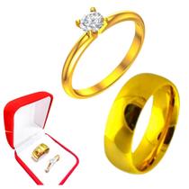 Aliança Matrimônio Dourada 8mm + Anel Anatomico Solitario 2mm Pedra Zirconia Branca