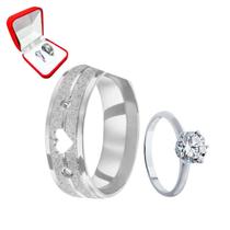 Aliança Namoro 6mm Prata Brilhos Coração Friso Pedra Zirconia + Solitario 2mm Anel Prata Compromisso