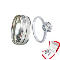 Aliança Namoro 6mm Prata Risco Brilhos Compromisso + Solitario Anel 2mm Anatomico Pedra Branca Namor