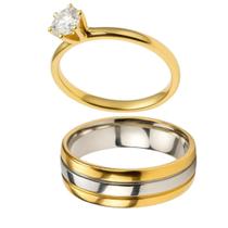 Aliança Noivado Ouro 18k 6mm Borda Friso Prata + Anel Solitário 2mm Ouro 18k Pedra Zircônia Casal