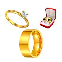 Aliança Ouro 18k Lisa 8mm Casal Tungstenio Noivos + Solitario Dourado 2mm Pedra Zirconia Casamento