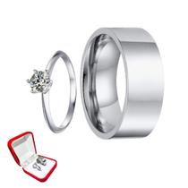 Aliança Prata Reta 8mm Namoro + Anel Solitário 2mm Prata Pedra Branca Namorados Casal Luxo