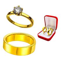 Aliança Reta 6mm Banhada Ouro 18k Noivos Tungstenio + Solitario Anel 2mm Prata Tradicional Namorados