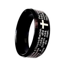 Aliança Reza Pai Nosso Oração 6mm Preta Letras Brancas Anel Cristão Tradicional