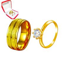 Aliança Riscos Casamento Ouro 18k 6mm + Anel Solitário Zircônia Branca 2mm Luxo Casal Noivado