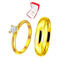 Aliança Tradicional 4mm Banhada Ouro 18k + Solitario Dourado 2mm Anatomico Casamento Compromisso