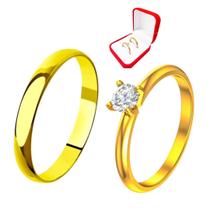 Alianças Compromisso Ouro 18k 3mm + Anel Solitário Pedra Branca Zirconia + Caixa Porta Joias Luxo Casamento Noivos Noivado Casal Compromisso