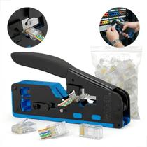 Alicate Crimpagem Rj45 Profissional Cat5e/6/7 Rede Pass-Through Vazado + 100 Conectores RJ45 Vazados Alicate Crimpagem Rj45 Profissional Cat5e/6/7 Rede Pass-Through Vazado + 100 Conectores RJ45 Vazados
