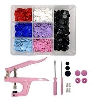 Alicate Para Pregar Botão de Pressão 10 12 15 Rosa Kit Box Organizador 140 Botões Coloridos Numero 12