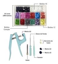 Alicate Para Pregar Botão Plástico de Pressão Azul + Kit 280 Botões Ritas Sortidos Coração 10mm 12mm