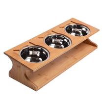 Alimentador de Pets com 3 Tigelas de Aço Inoxidável e Suporte de Bambu