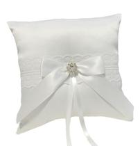 Almofada de aliança de casamento artesanal de renda branca com laço 18x18cm