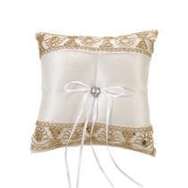 Almofada de aliança de casamento com acabamento em renda com bordado dourado branco