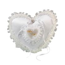 Almofada de aliança de casamento em forma de coração, renda pérola, cetim, 24x18cm