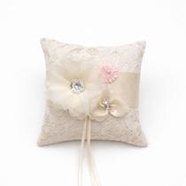Almofada de aliança de casamento, flores de renda elegantes, branco marfim