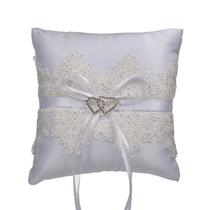 Almofada de aliança de casamento, renda elegante, coração de cristal, branco