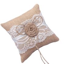 Almofada de aliança de casamento rústica serapilheira marrom 18x18cm com nó de laço