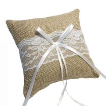 Almofada de aliança de casamento, serapilheira com fita de renda 15x15cm, marrom