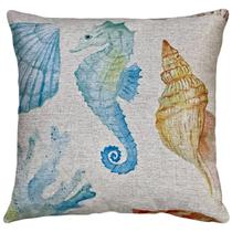 Almofada De Linho Cru Praia Mar Cavalo Marinho e Concha 45x45