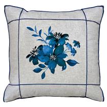 Almofada De Linho Folhagem Limão Flor Azul C/ Drapeado 45x45