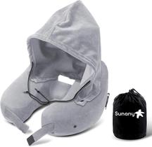 Almofada de pescoço de viagem Sunany inflável Airplane com capuz (cinza)