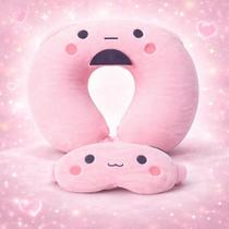 Almofada de Pescoço Travesseiro Cervical Viagem com Máscara de Dormir Almofada para Avião Carro Ônibus Cor:Rosa