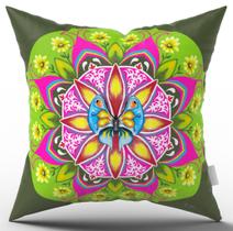 Almofada Decorativa Mandala Verde Borboleta Rosa Colorida - Ideal para Sala e Quarto - Sofá 40x40