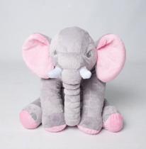 Almofada Elefante de Pelúcia 55cm Macia Para Bebê Cinza com Rosa - Antialérgico - Barros Baby