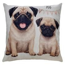 Almofada Em Linho Estampada Cachorro Pet Dog Pug Bege 43x43