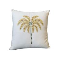 Almofada Linho Bordada Coqueiro Dourado 45x45cm Com Enchimento Almofada Linho Bordada Coqueiro Dourado 45x45cm Com Enchimento