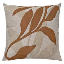 Almofada Linho Com Bouclé E Couro Folhagem Caramelo 50x50