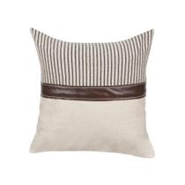 Almofada listrada e lisa cas grandi c/ couro (bege) 50x50cm