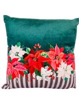 Almofada Natal Veludo Verde Com Barra Listra e Floral 43 X 43cm Com Enchimento - Belchior