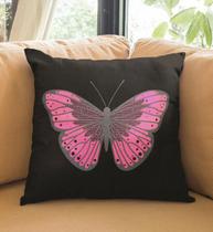 Almofada Preta Borboleta Rosa 40x40cm - Serigrafada Frente e Verso