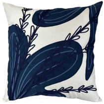 Almofada Sarja Cru 52x52 Bordado Soutache Folhagem Azul Marinho