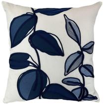 Almofada Sarja Cru 52x52 Bordado Soutache Folhas Azul Marinho